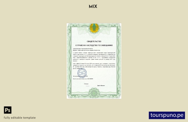Plantilla de certificado de herencia de Kazajstán lista para imprimir